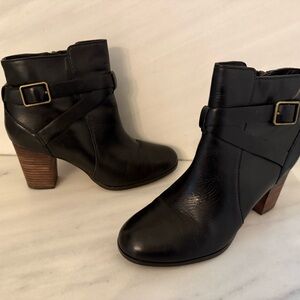 Cole Haan Cassidy Buckle Boot / Black Leather Ankle Booties with Brown Heel